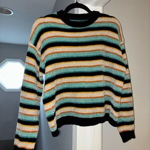 Volcom Striped Crewneck Sweater in Black, Teal, White & Yellow